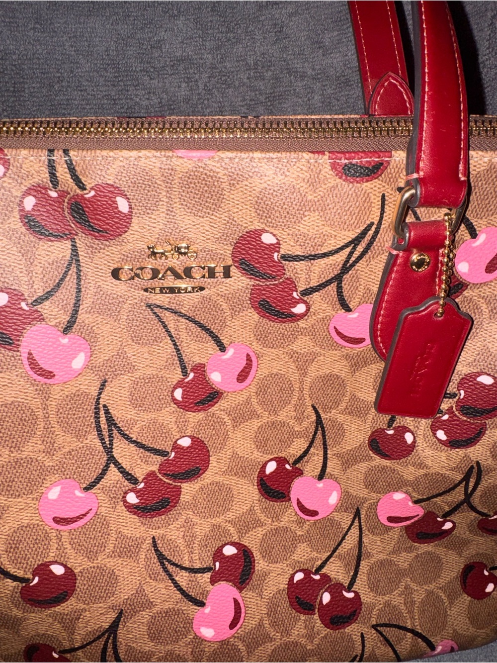 Coach Gallery Tote brown signature canvas with cherry print - Picture 2 of 12